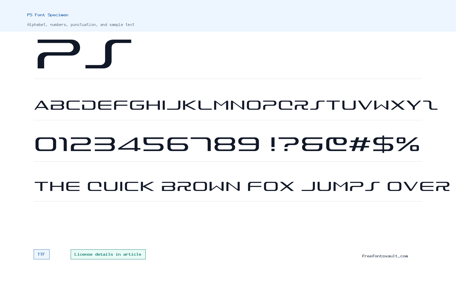 PS font specimen showing alphabet, numbers, and sample text