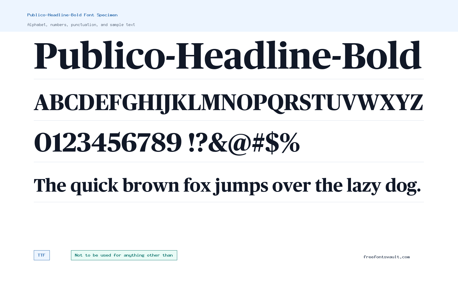 Publico-Headline-Bold font specimen showing alphabet, numbers, and sample text