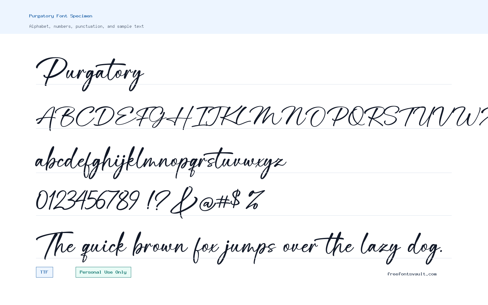 Purgatory font specimen showing alphabet, numbers, and sample text