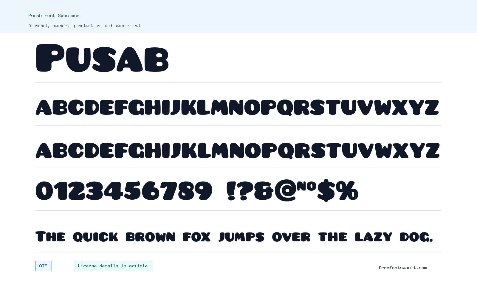 Pusab font specimen showing alphabet, numbers, and sample text