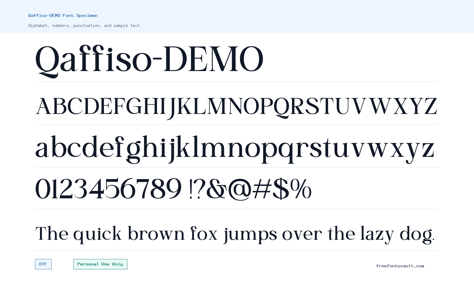 Qaffiso-DEMO font specimen showing alphabet, numbers, and sample text