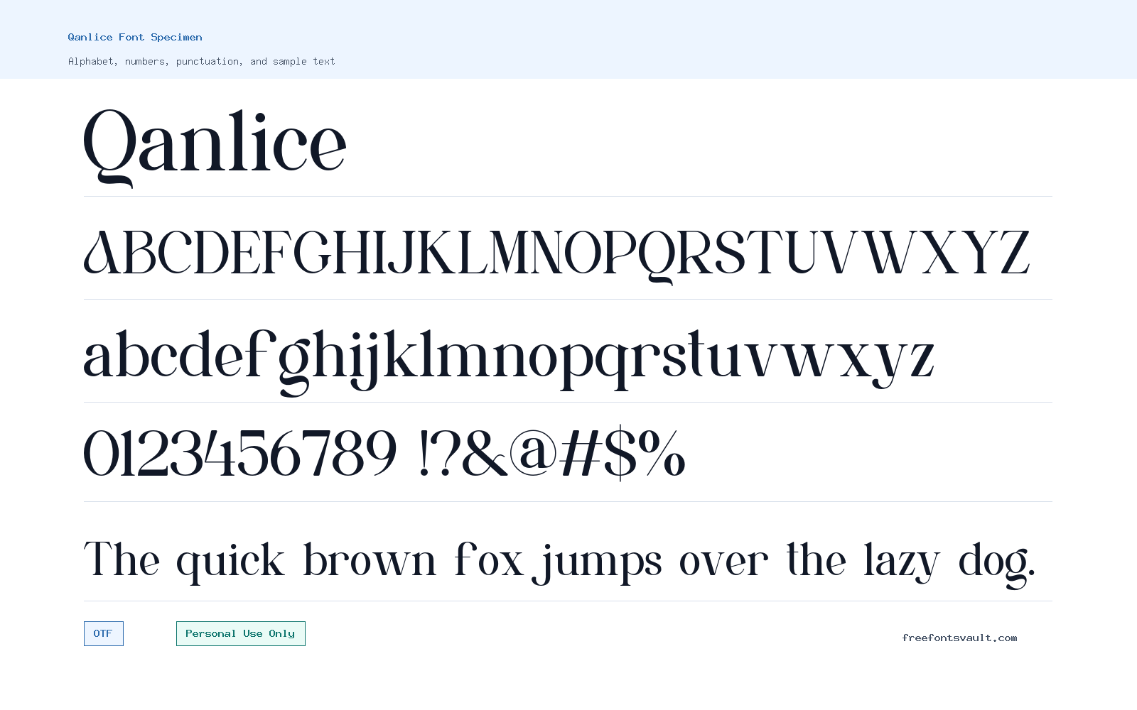 Qanlice font specimen showing alphabet, numbers, and sample text