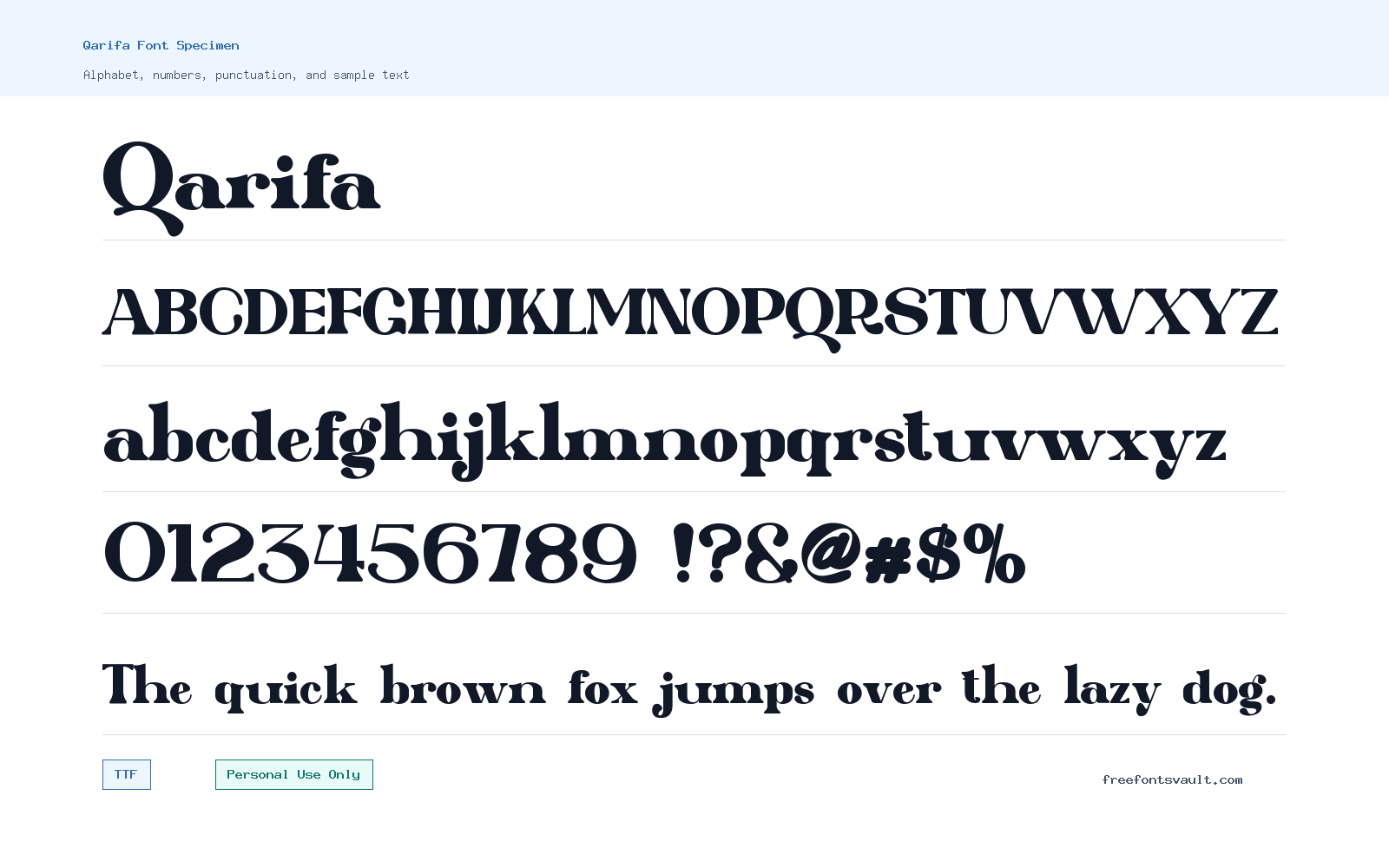 Qarifa font specimen showing alphabet, numbers, and sample text