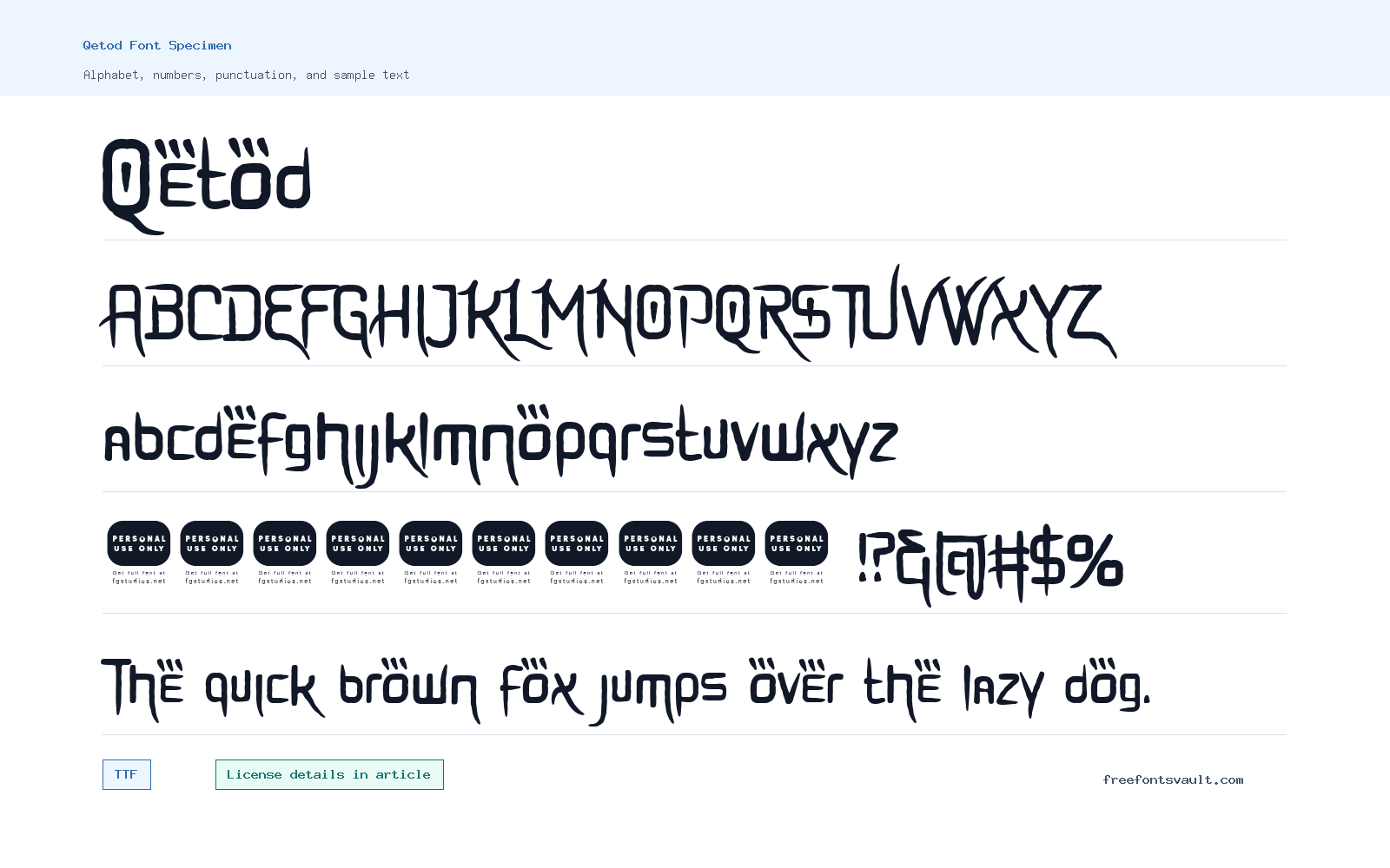 Qetod font specimen showing alphabet, numbers, and sample text