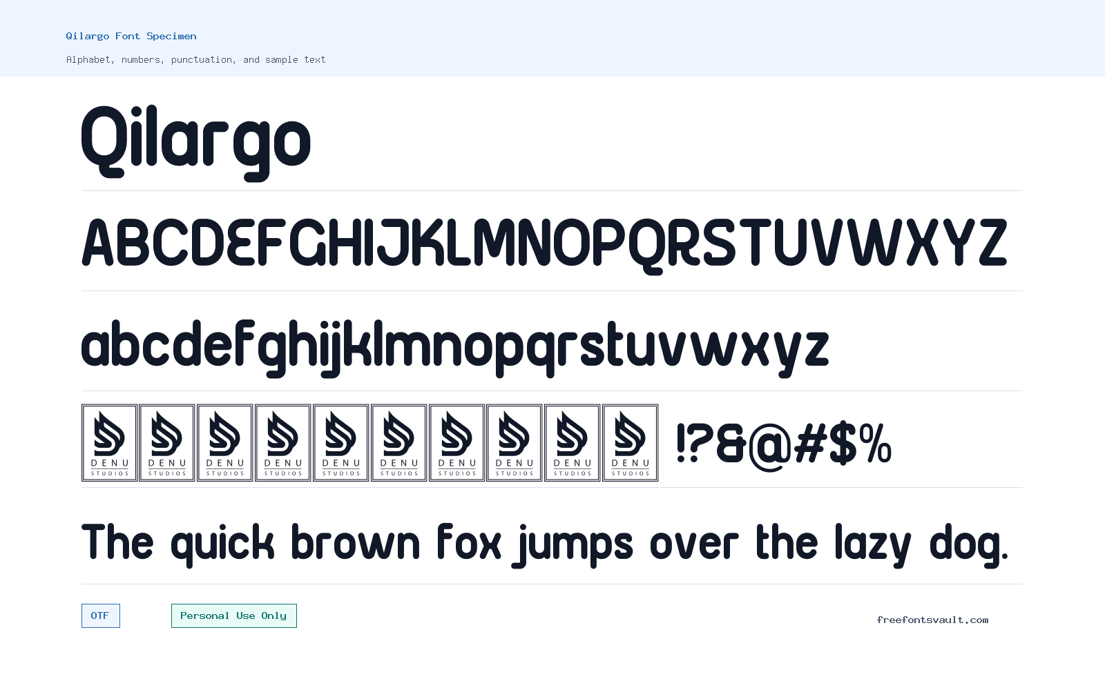 Qilargo font specimen showing alphabet, numbers, and sample text