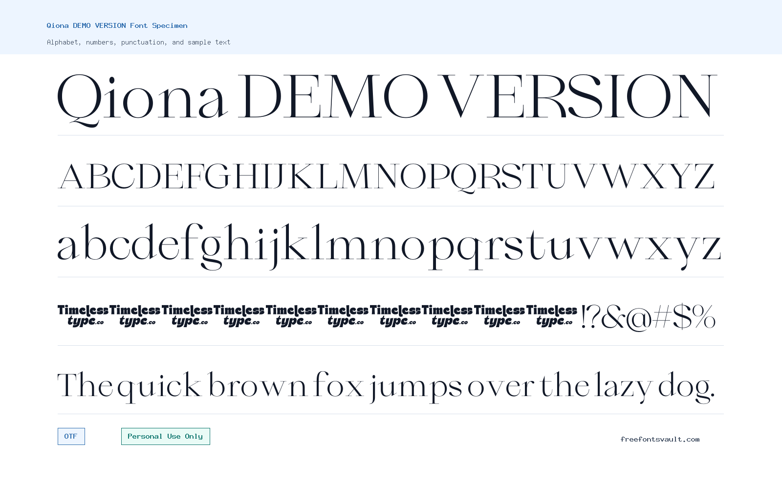Qiona DEMO VERSION font specimen showing alphabet, numbers, and sample text