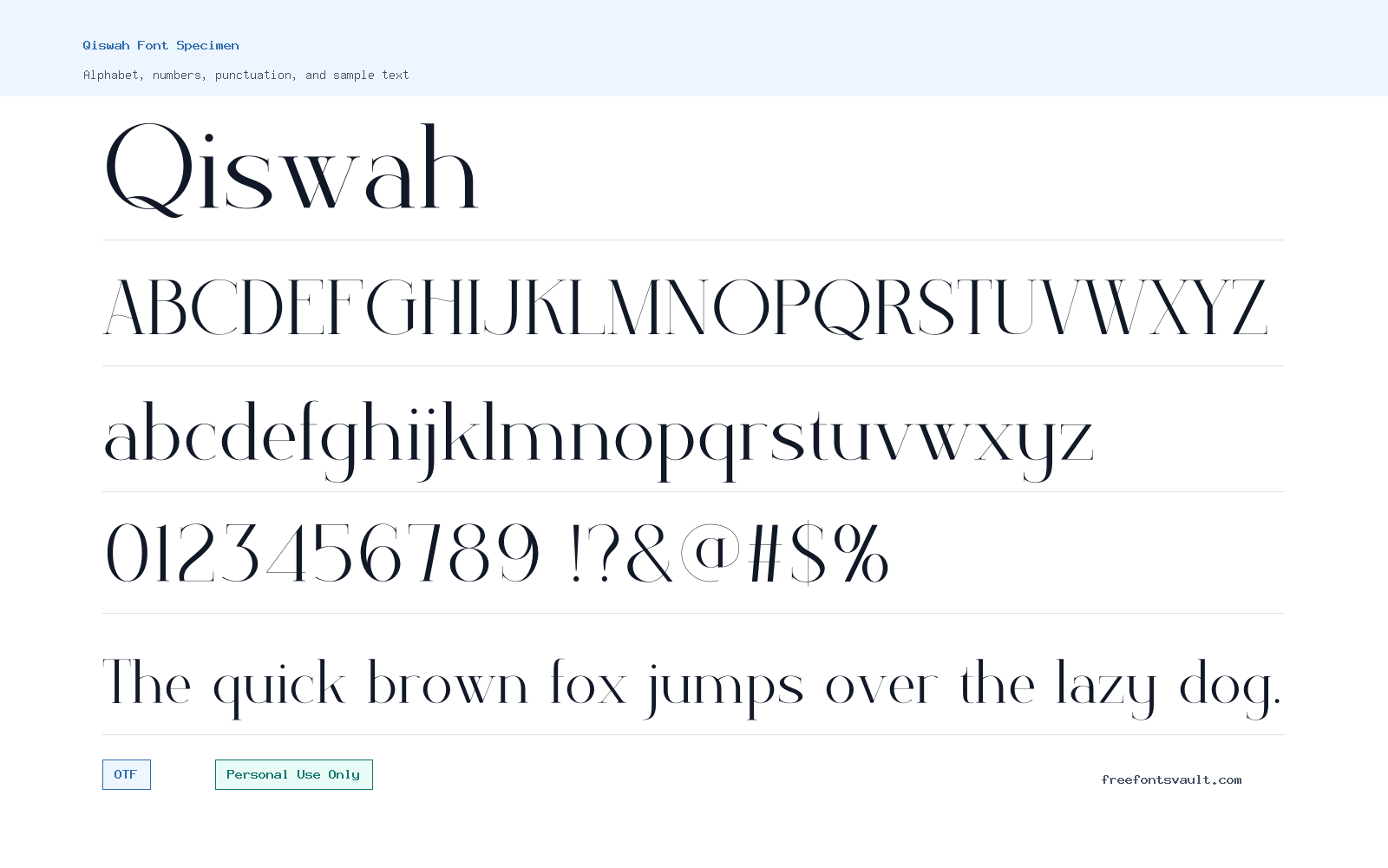 Qiswah font specimen showing alphabet, numbers, and sample text