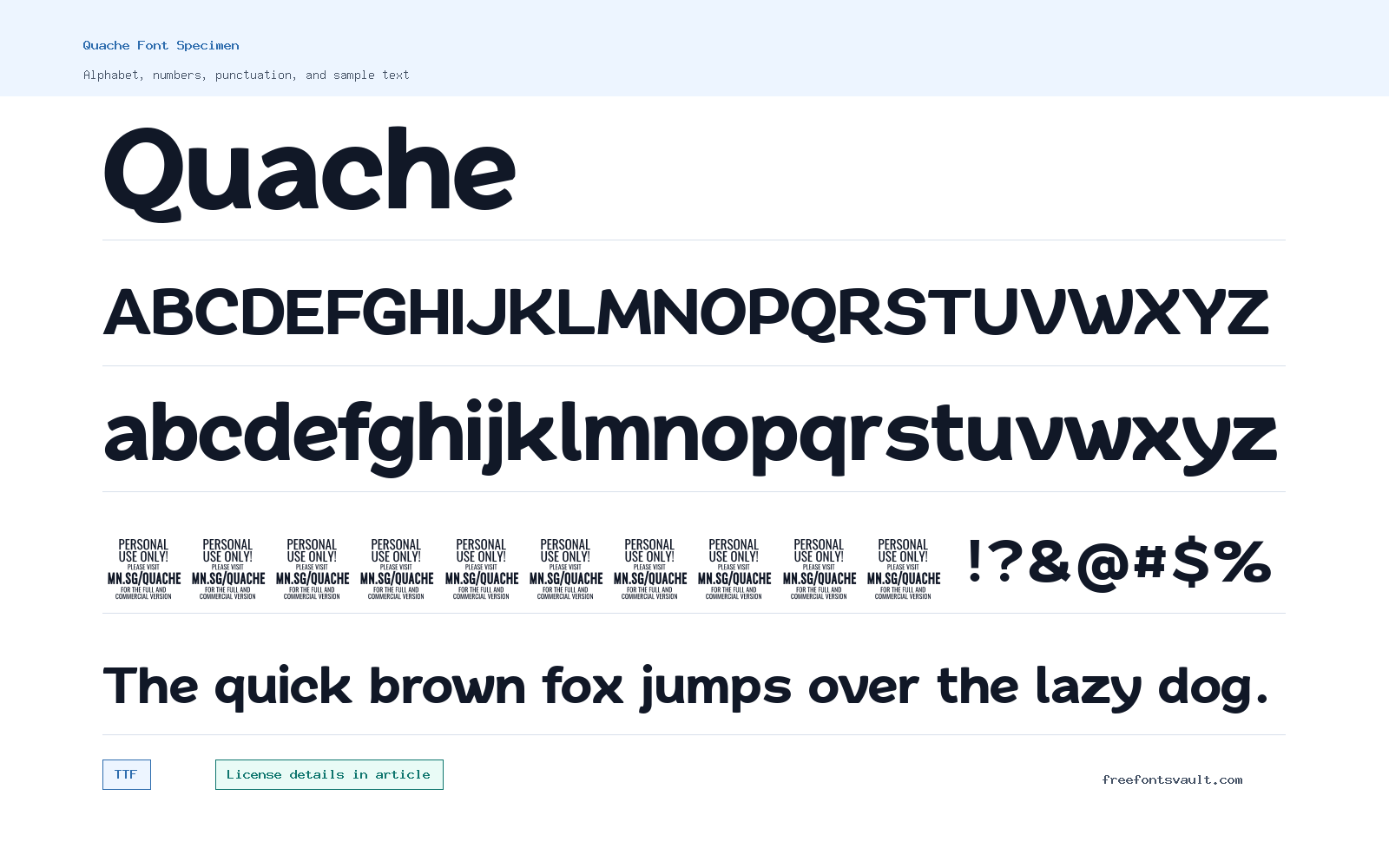 Quache font specimen showing alphabet, numbers, and sample text