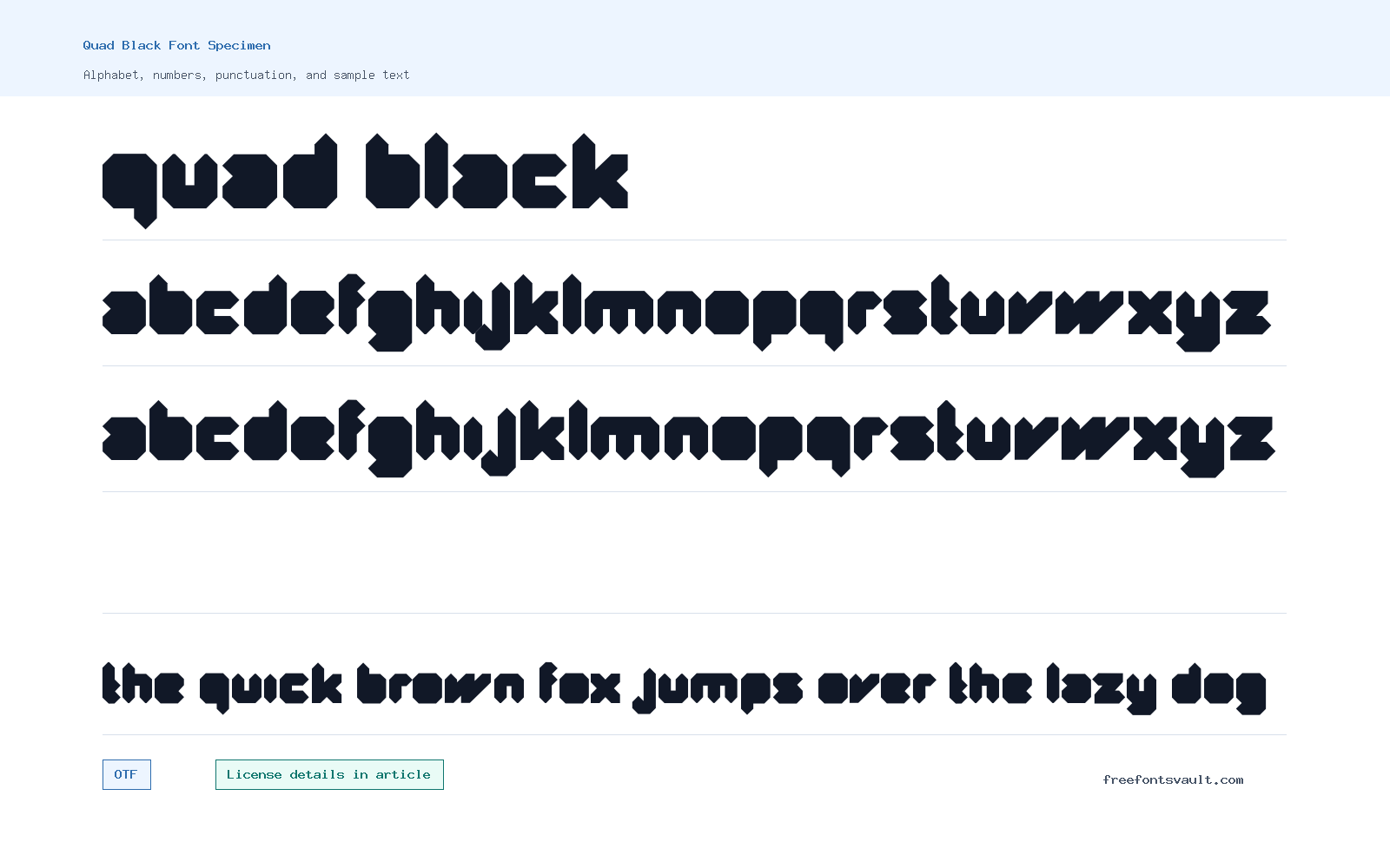 Quad Black font specimen showing alphabet, numbers, and sample text