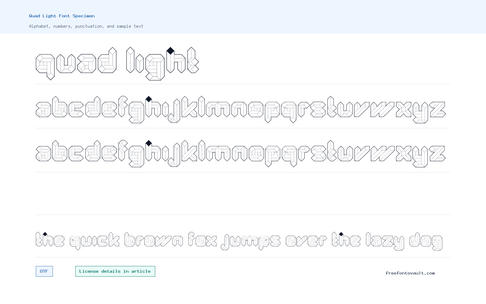 Quad Light font specimen showing alphabet, numbers, and sample text