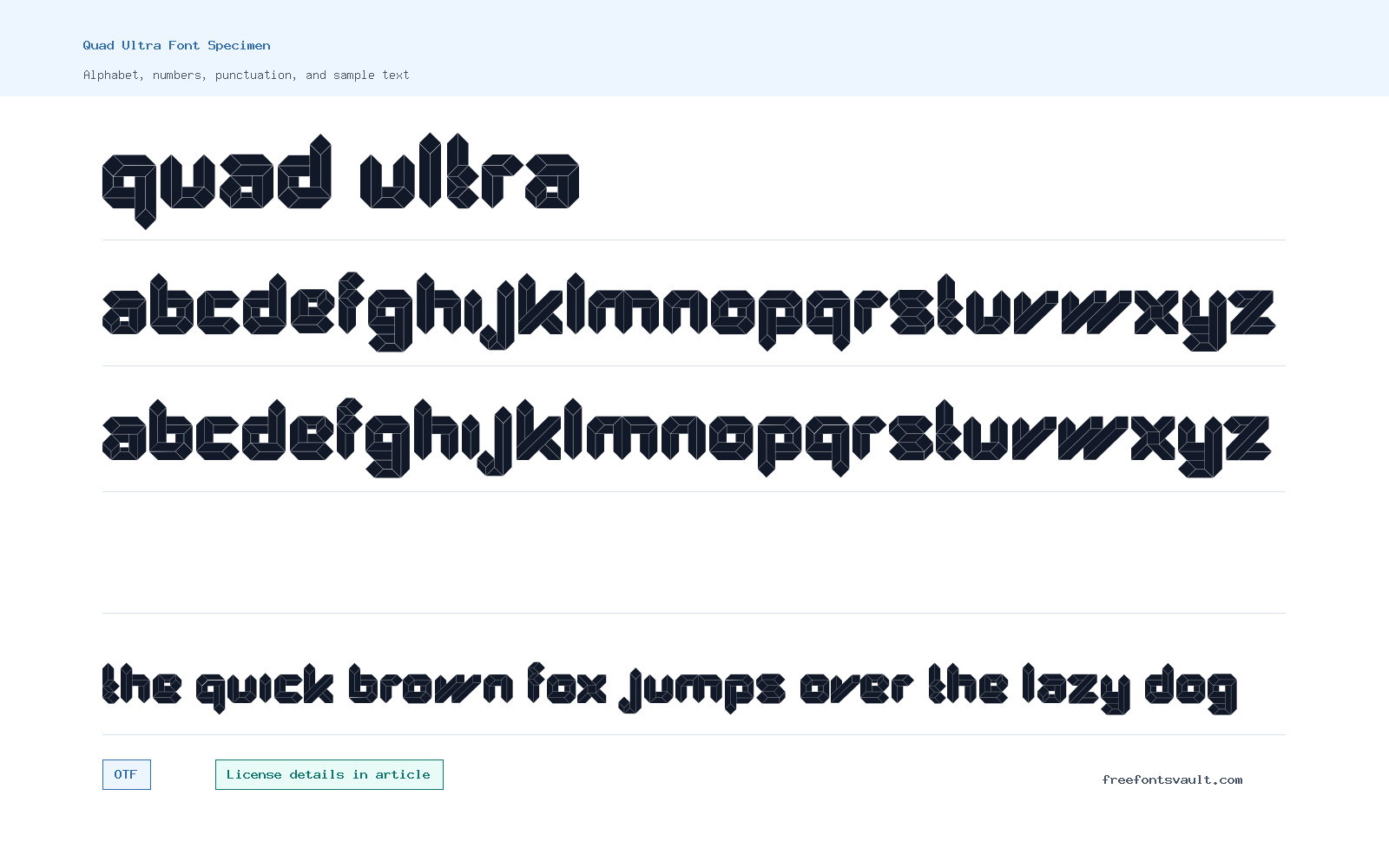 Quad Ultra font specimen showing alphabet, numbers, and sample text
