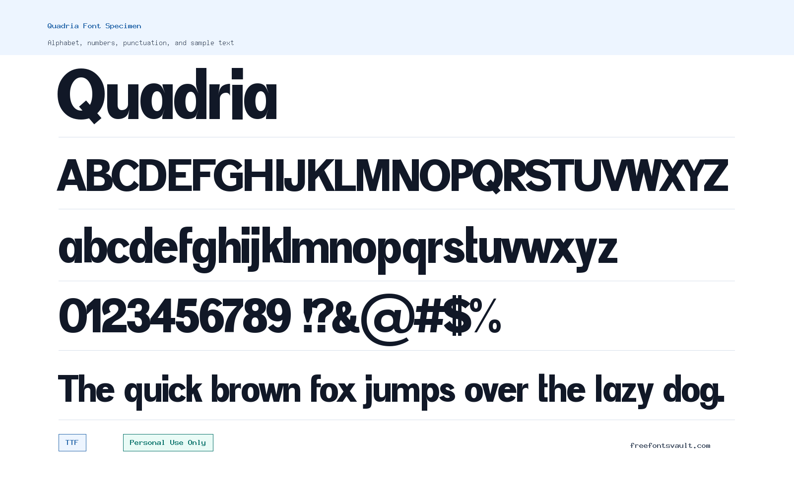 Quadria font specimen showing alphabet, numbers, and sample text
