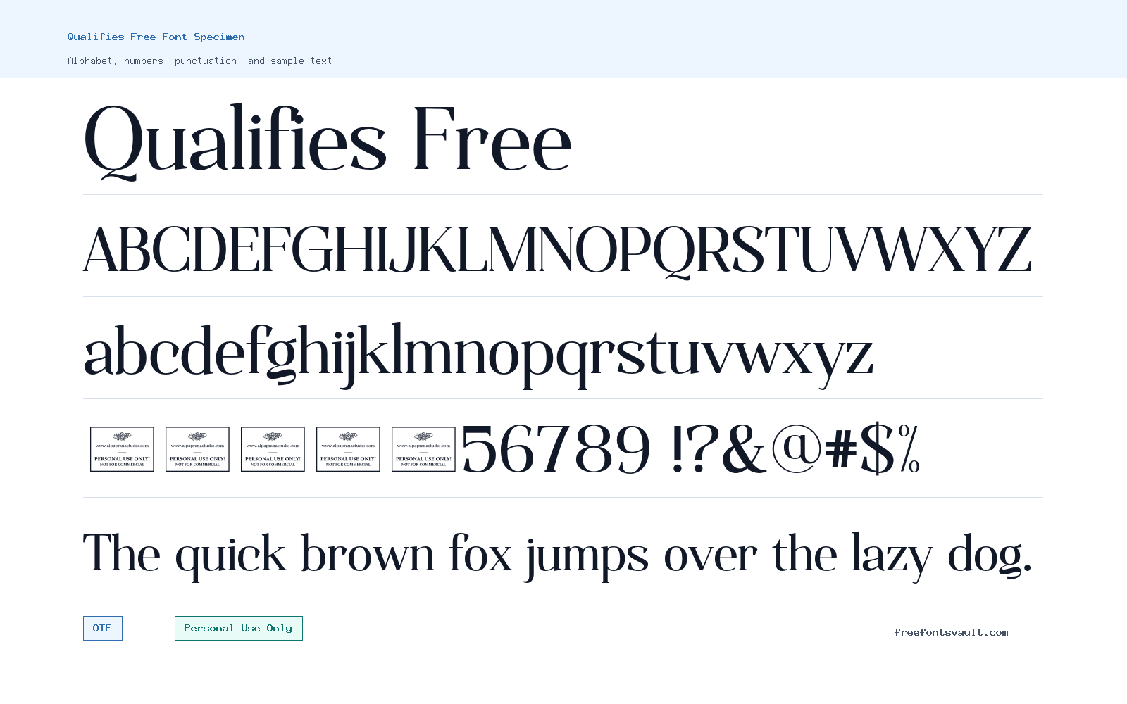 Qualifies Free font specimen showing alphabet, numbers, and sample text
