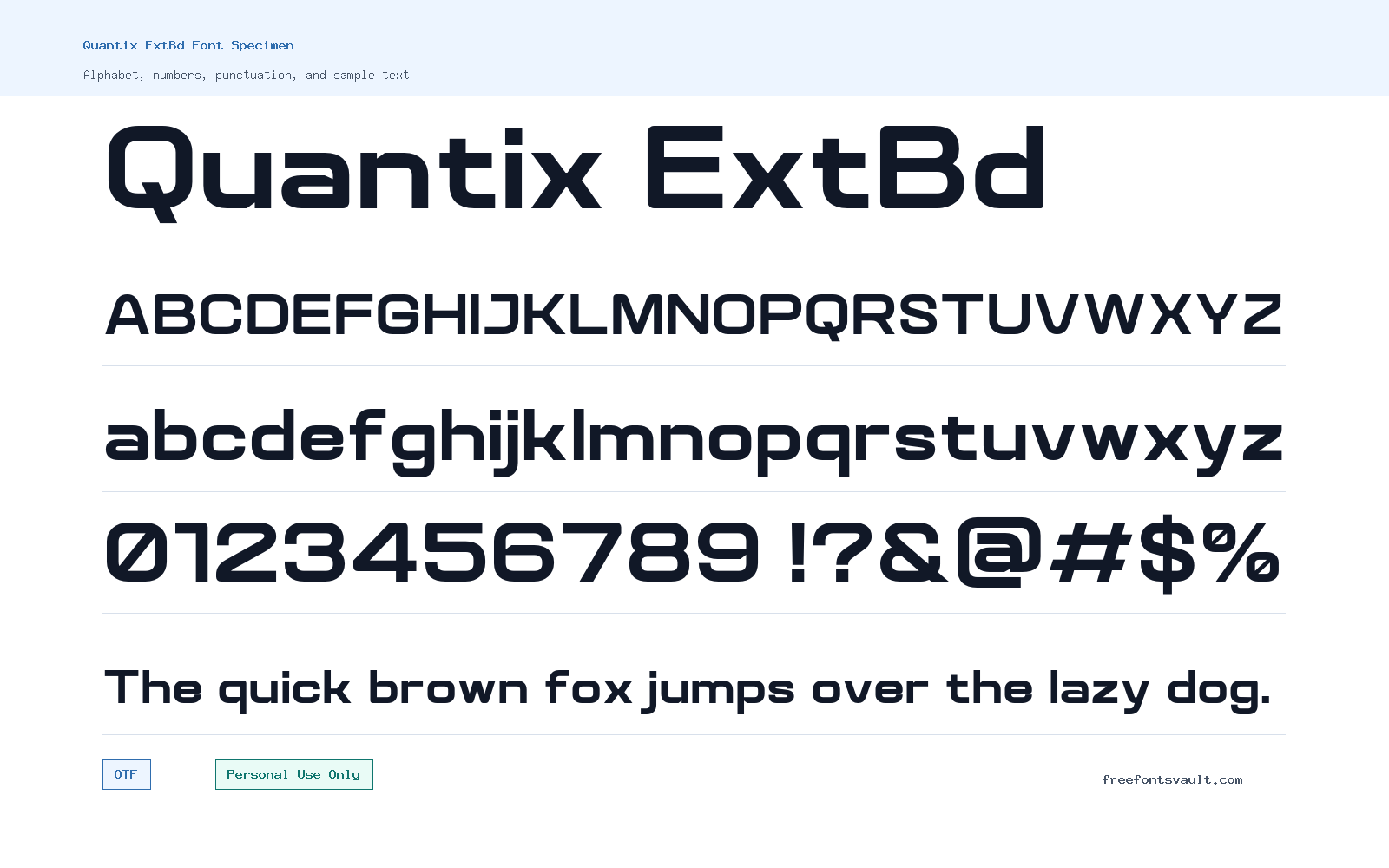 Quantix ExtBd font specimen showing alphabet, numbers, and sample text