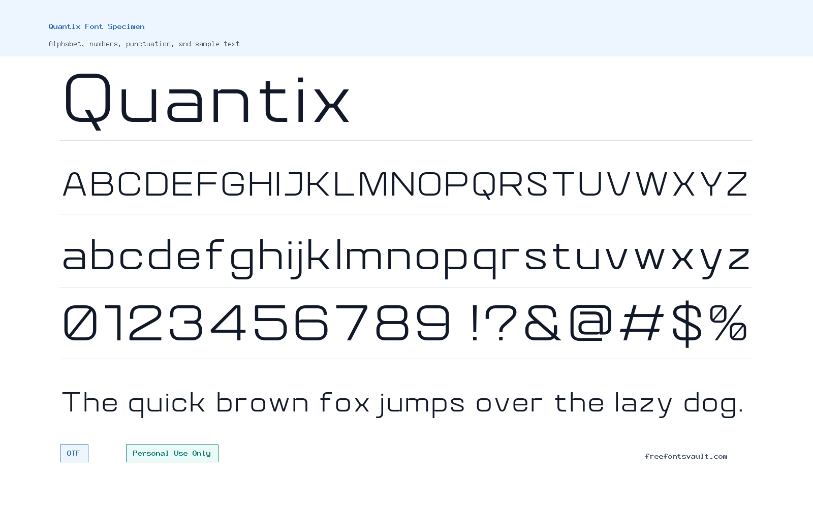 Quantix font specimen showing alphabet, numbers, and sample text