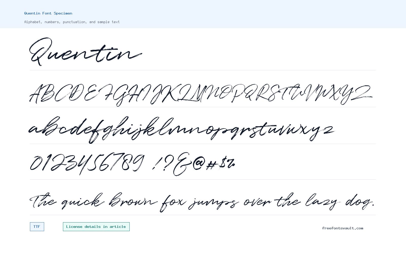 Quentin font specimen showing alphabet, numbers, and sample text