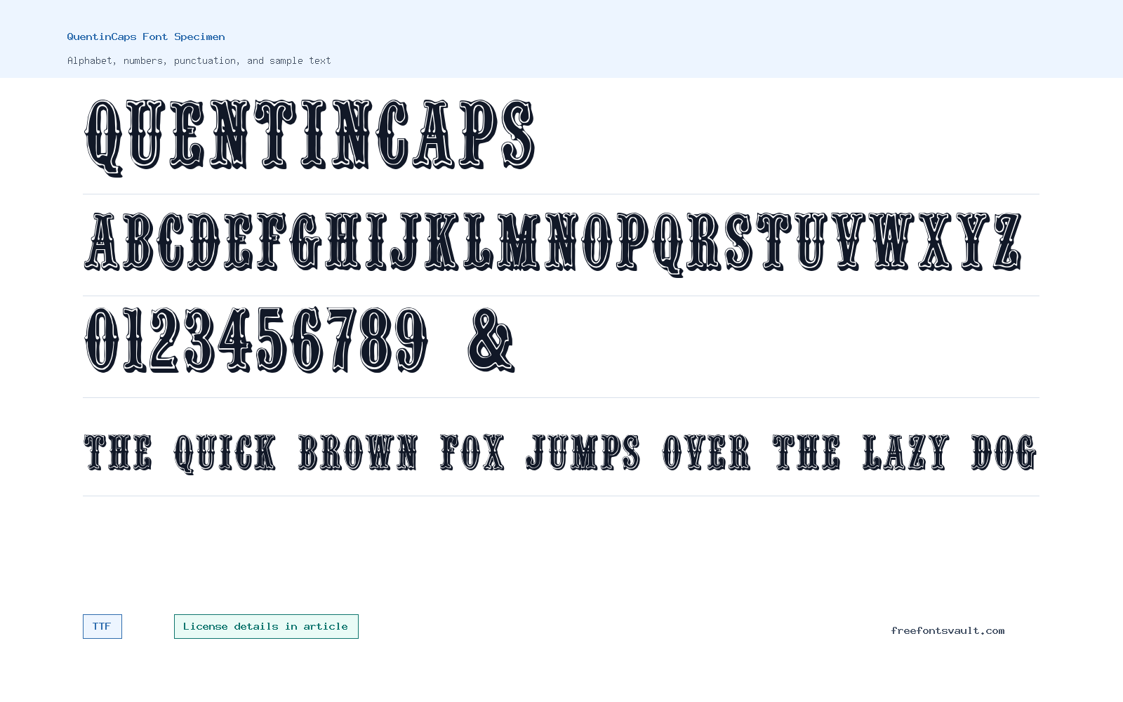 QuentinCaps font specimen showing alphabet, numbers, and sample text