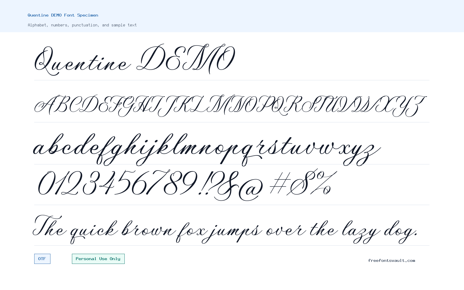 Quentine DEMO font specimen showing alphabet, numbers, and sample text