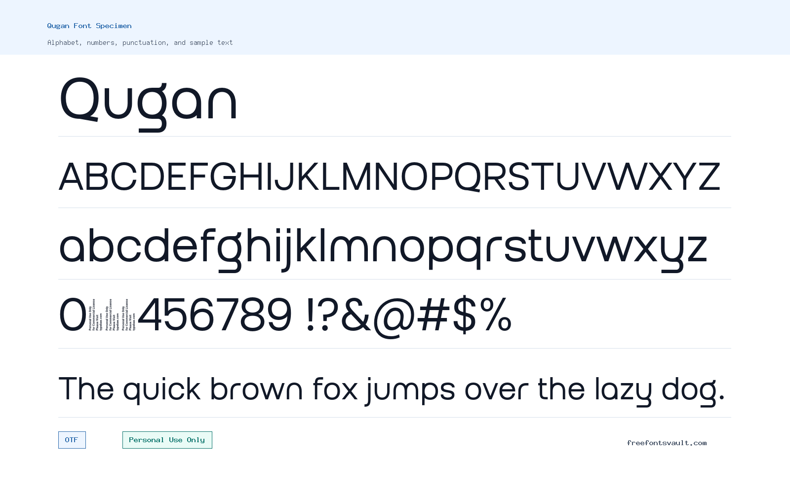 Qugan font specimen showing alphabet, numbers, and sample text