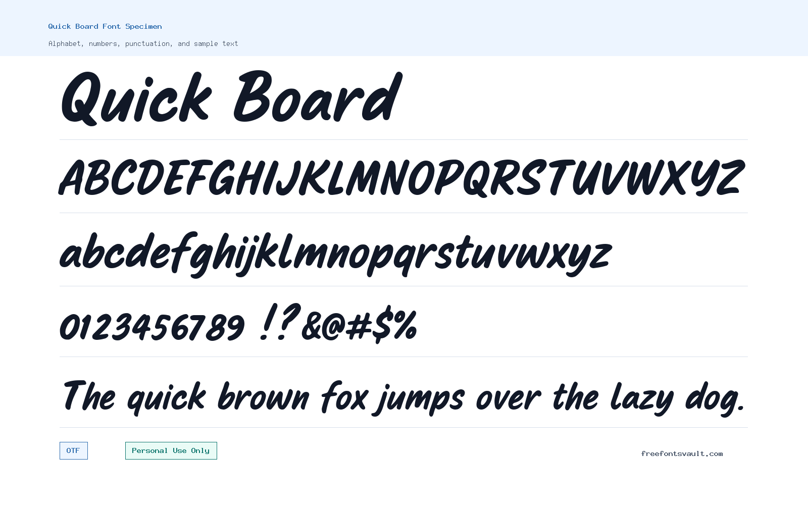 Quick Board font specimen showing alphabet, numbers, and sample text
