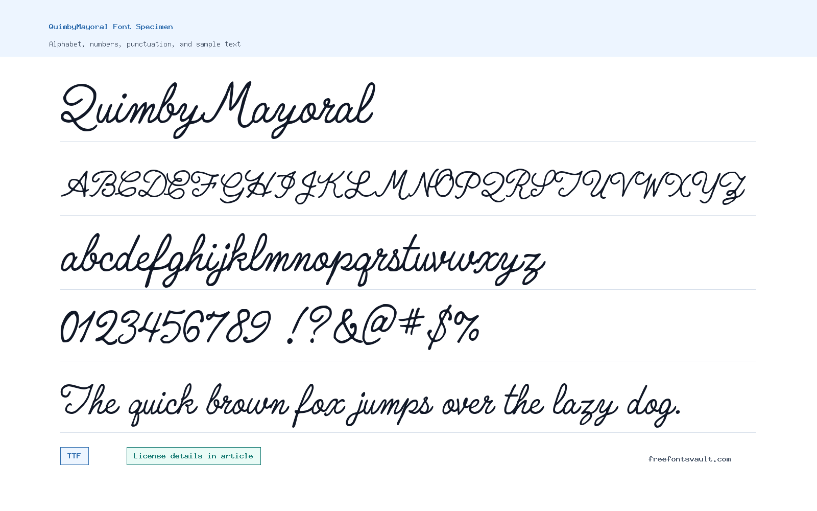 QuimbyMayoral font specimen showing alphabet, numbers, and sample text
