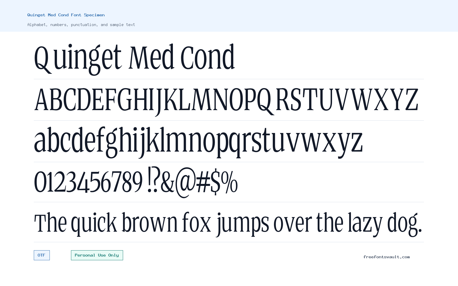 Quinget Med Cond font specimen showing alphabet, numbers, and sample text