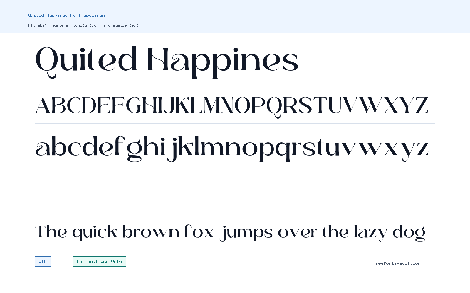 Quited Happines font specimen showing alphabet, numbers, and sample text