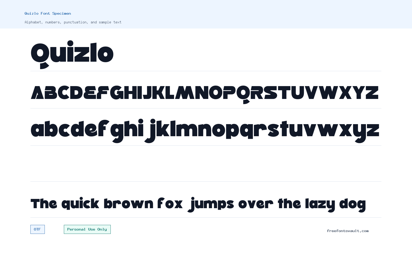 Quizlo font specimen showing alphabet, numbers, and sample text