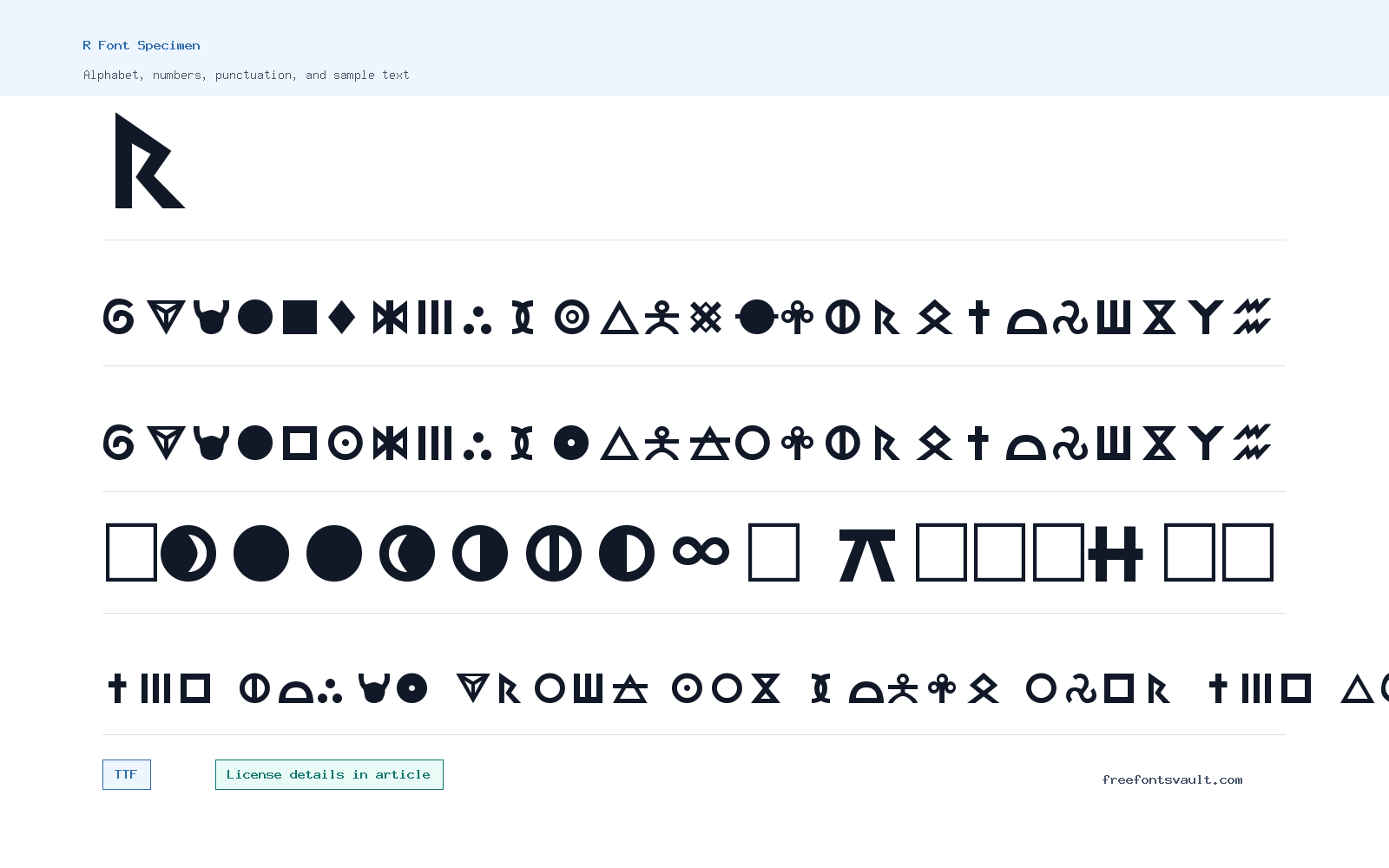 R font specimen showing alphabet, numbers, and sample text