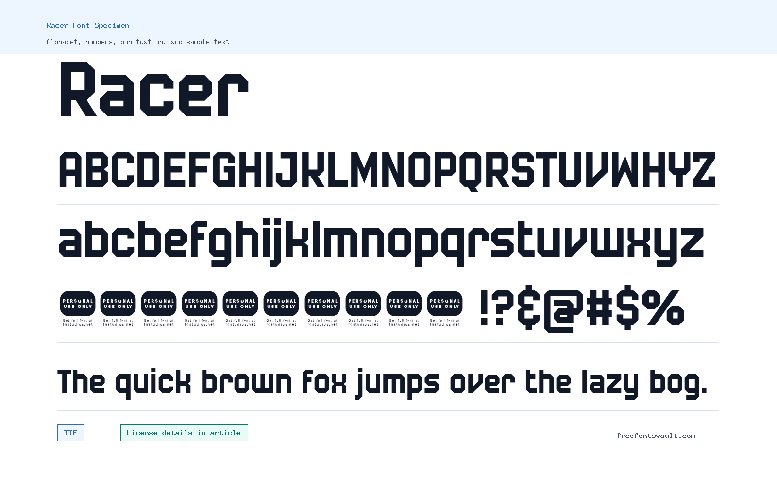 Racer font specimen showing alphabet, numbers, and sample text