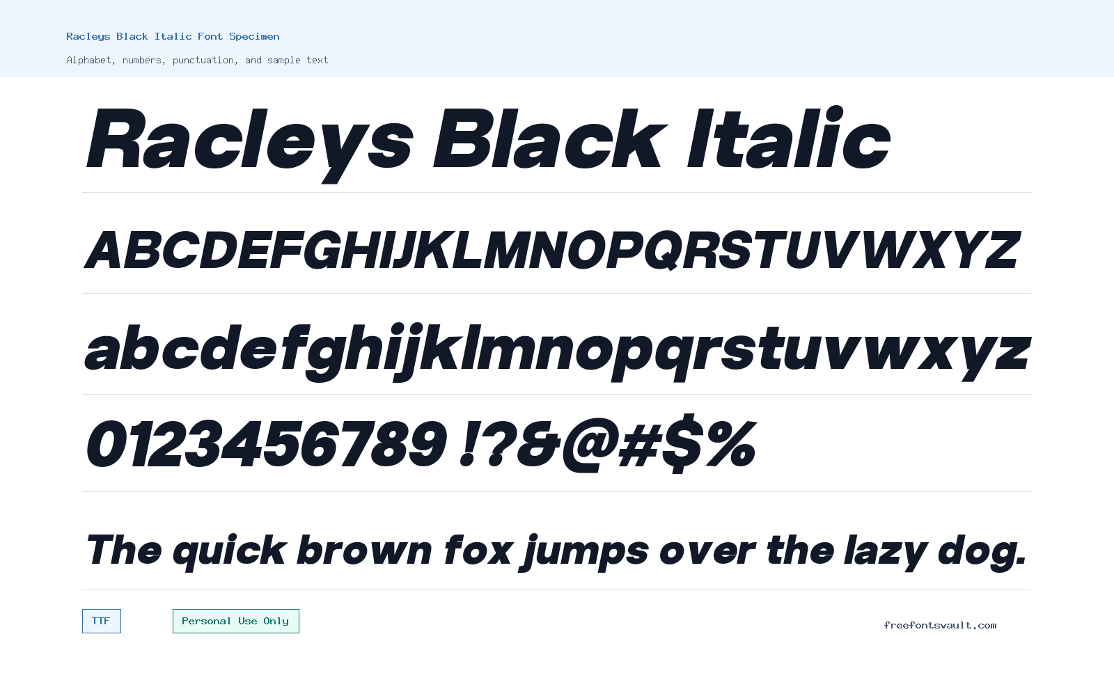 Racleys Black Italic font specimen showing alphabet, numbers, and sample text
