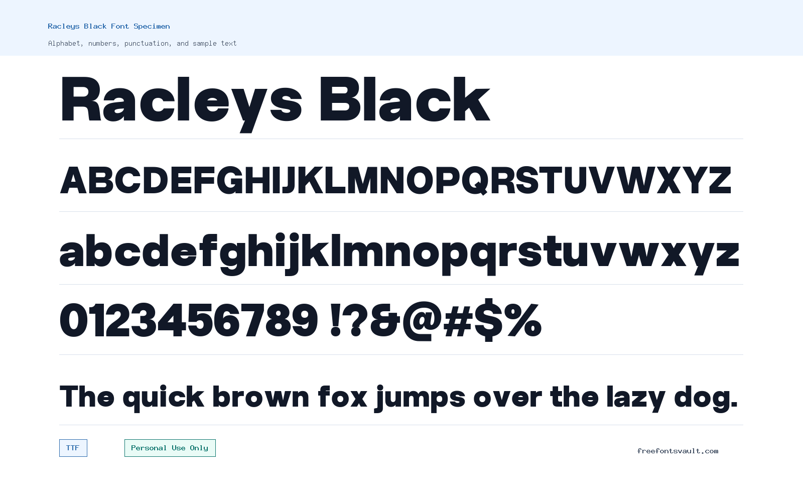 Racleys Black font specimen showing alphabet, numbers, and sample text