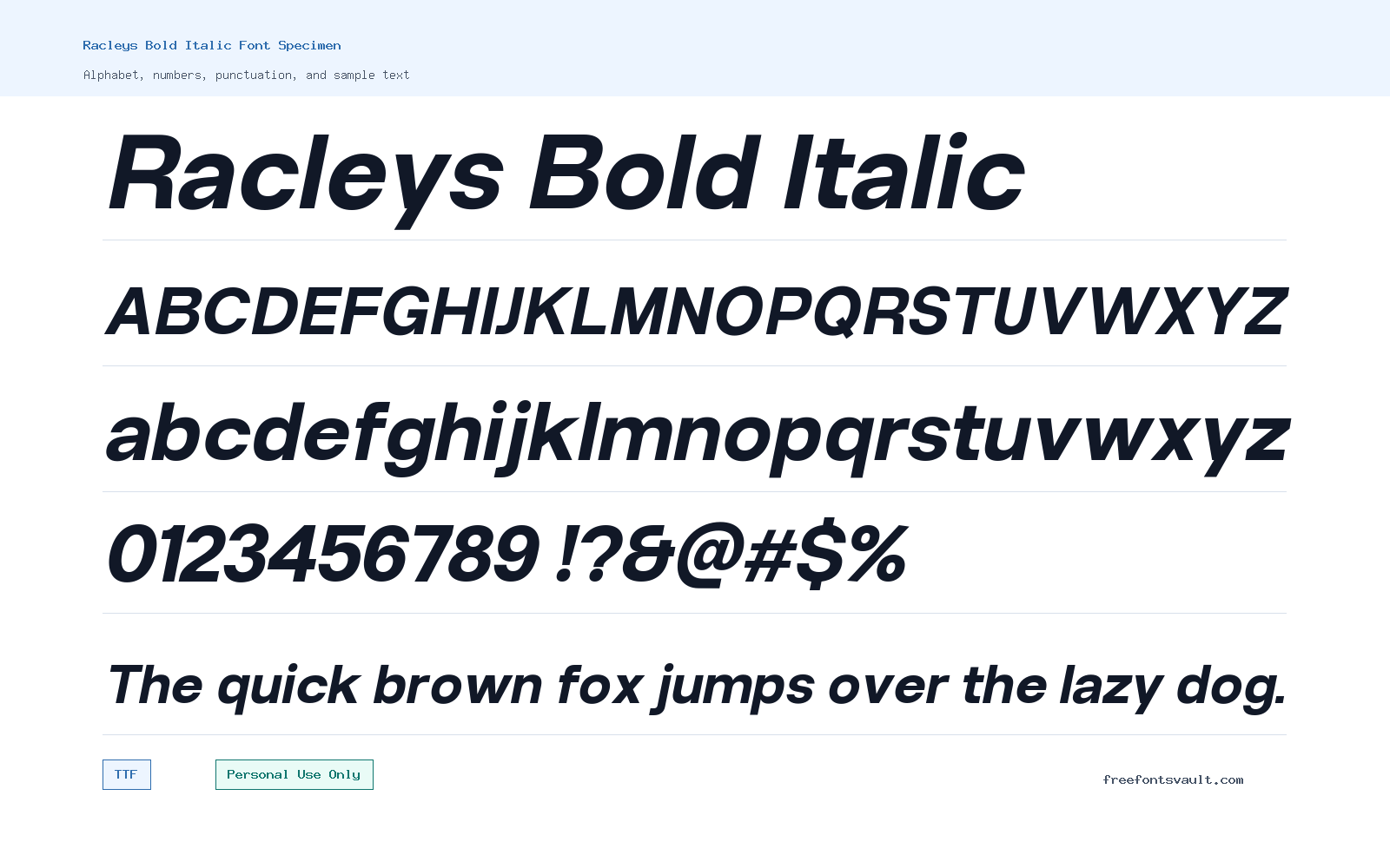 Racleys Bold Italic font specimen showing alphabet, numbers, and sample text