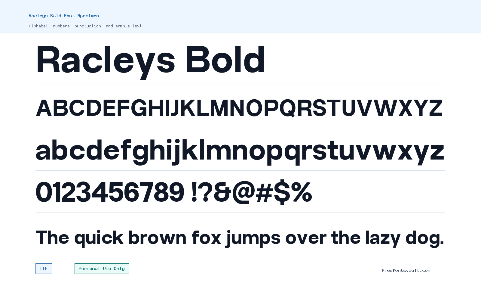 Racleys Bold font specimen showing alphabet, numbers, and sample text