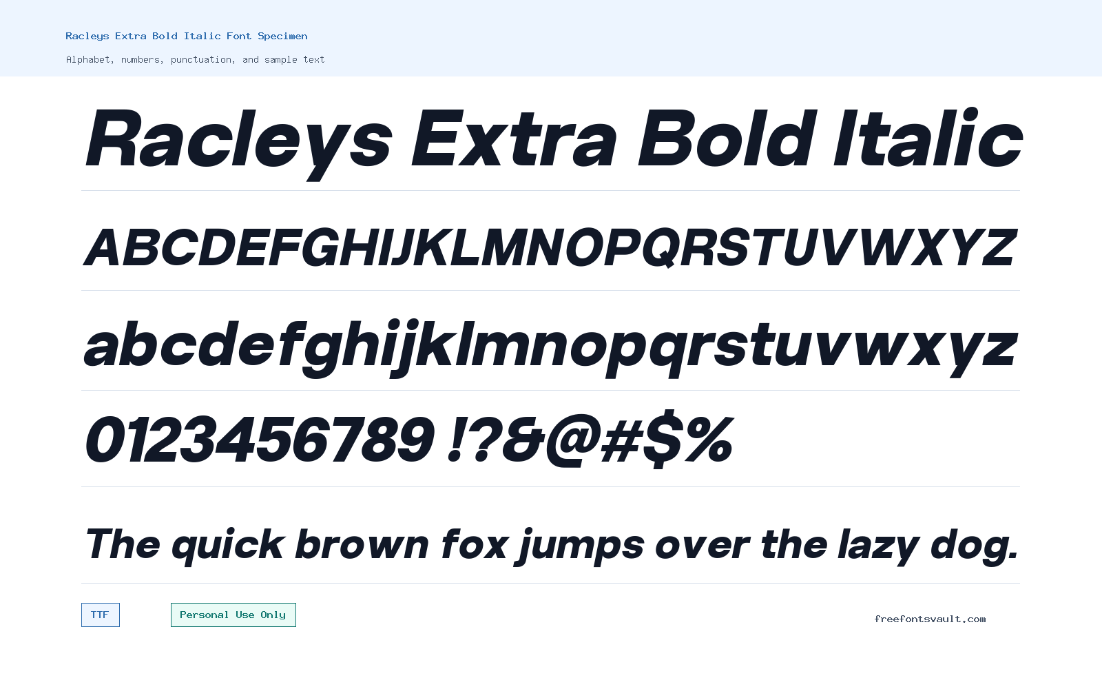 Racleys Extra Bold Italic font specimen showing alphabet, numbers, and sample text