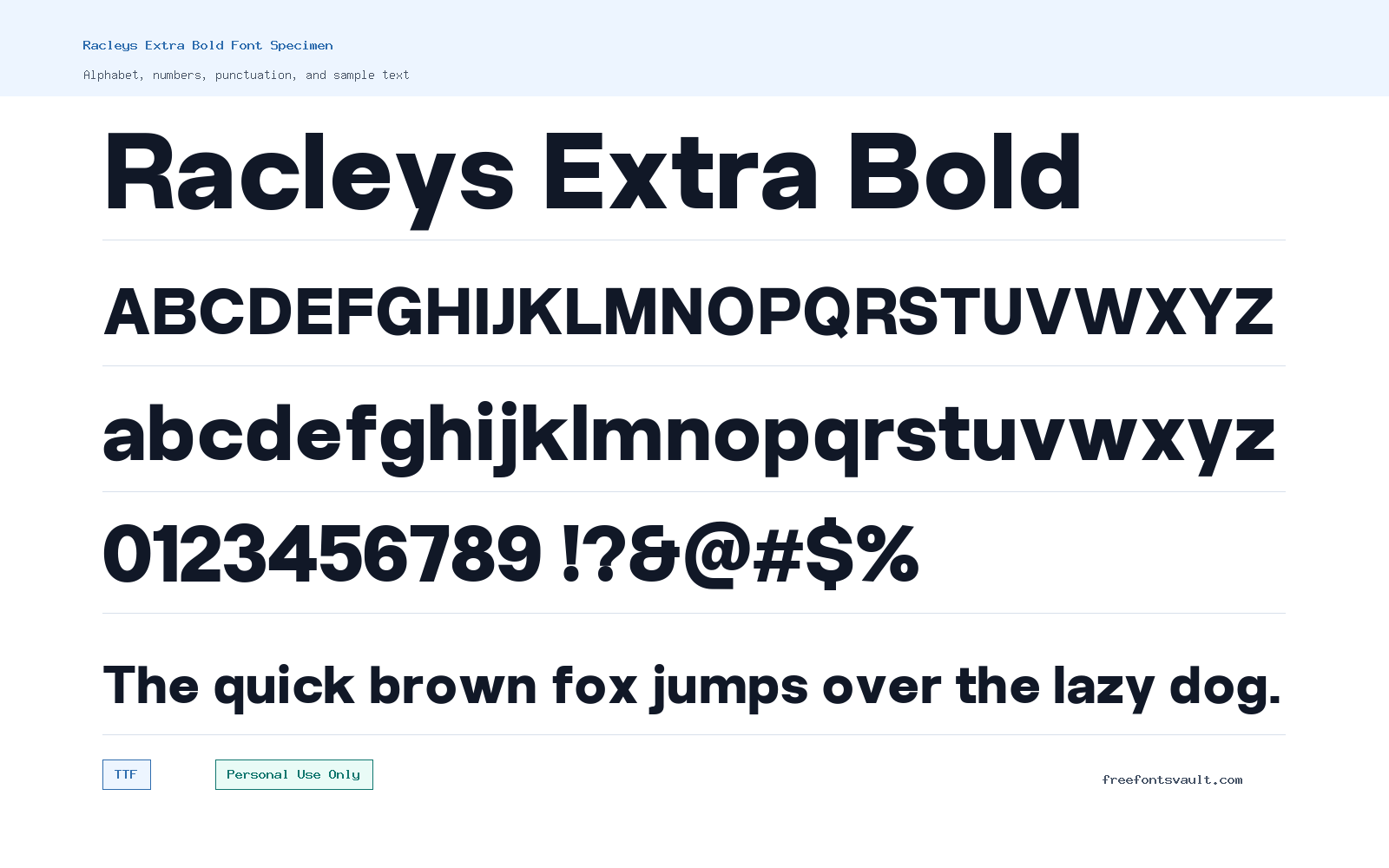 Racleys Extra Bold font specimen showing alphabet, numbers, and sample text