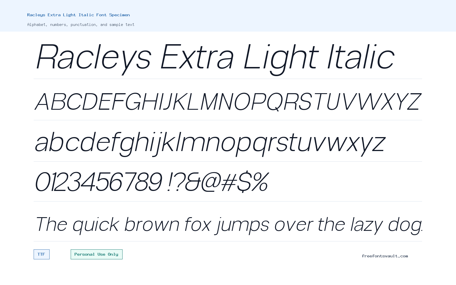 Racleys Extra Light Italic font specimen showing alphabet, numbers, and sample text
