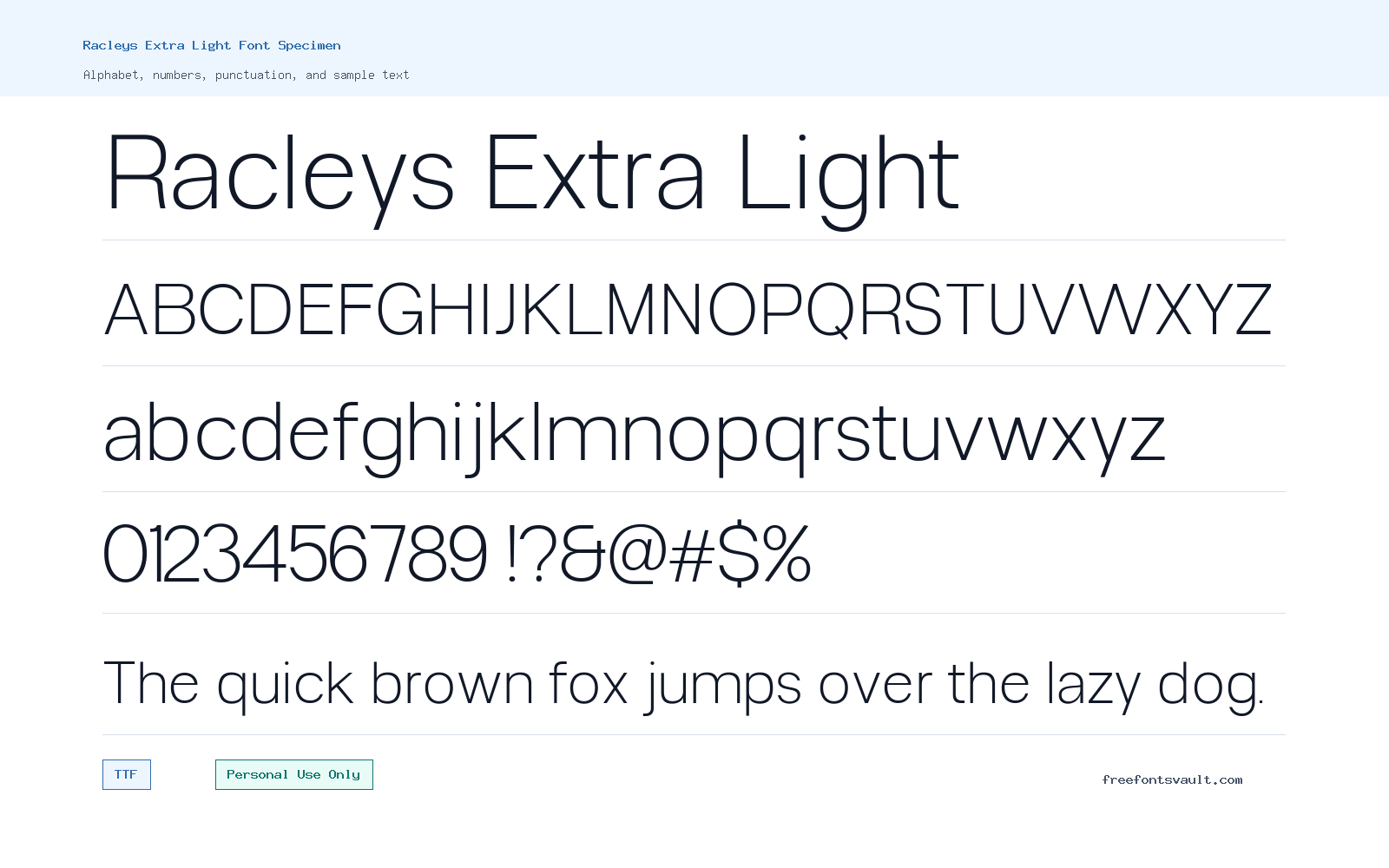 Racleys Extra Light font specimen showing alphabet, numbers, and sample text