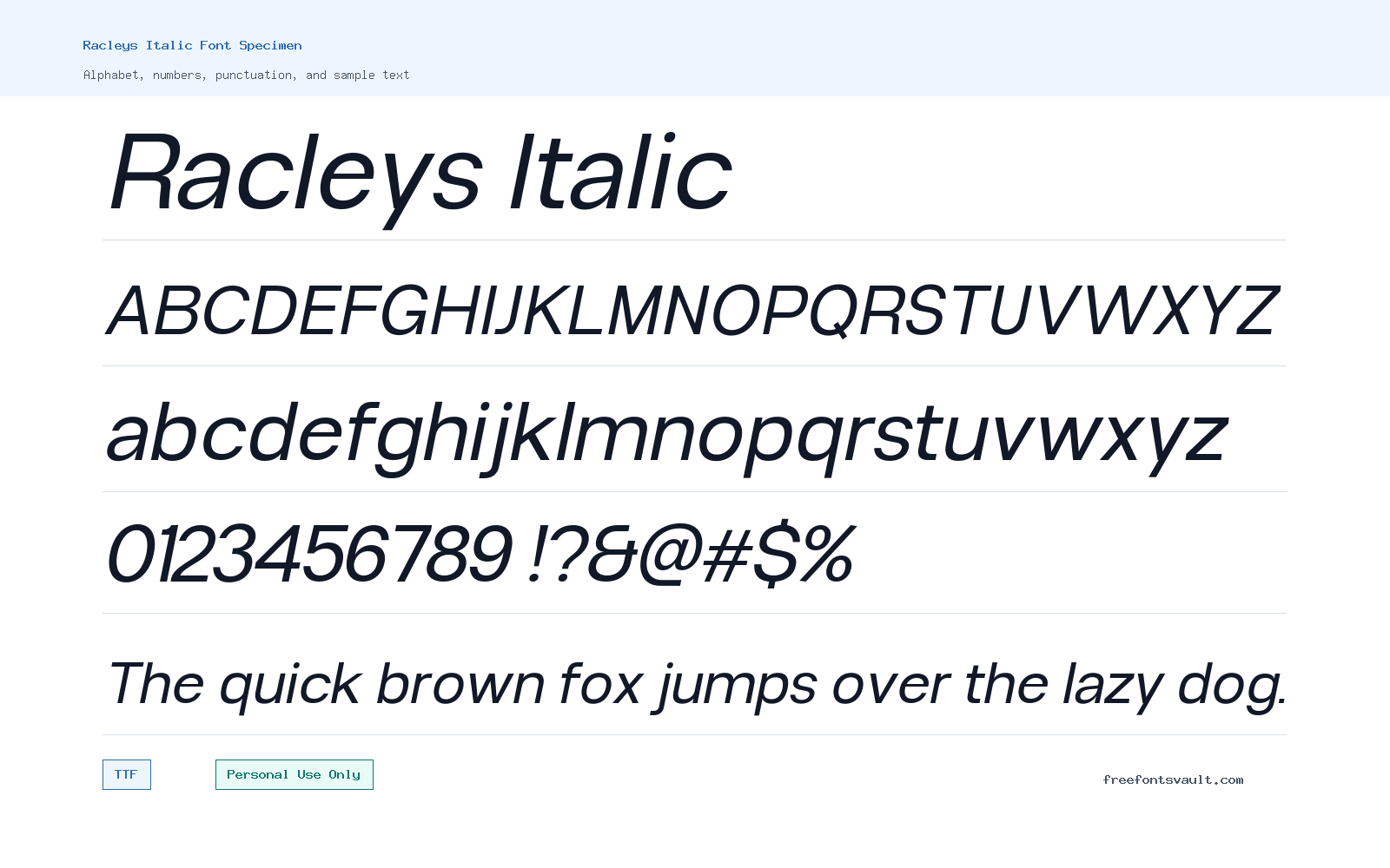 Racleys Italic font specimen showing alphabet, numbers, and sample text