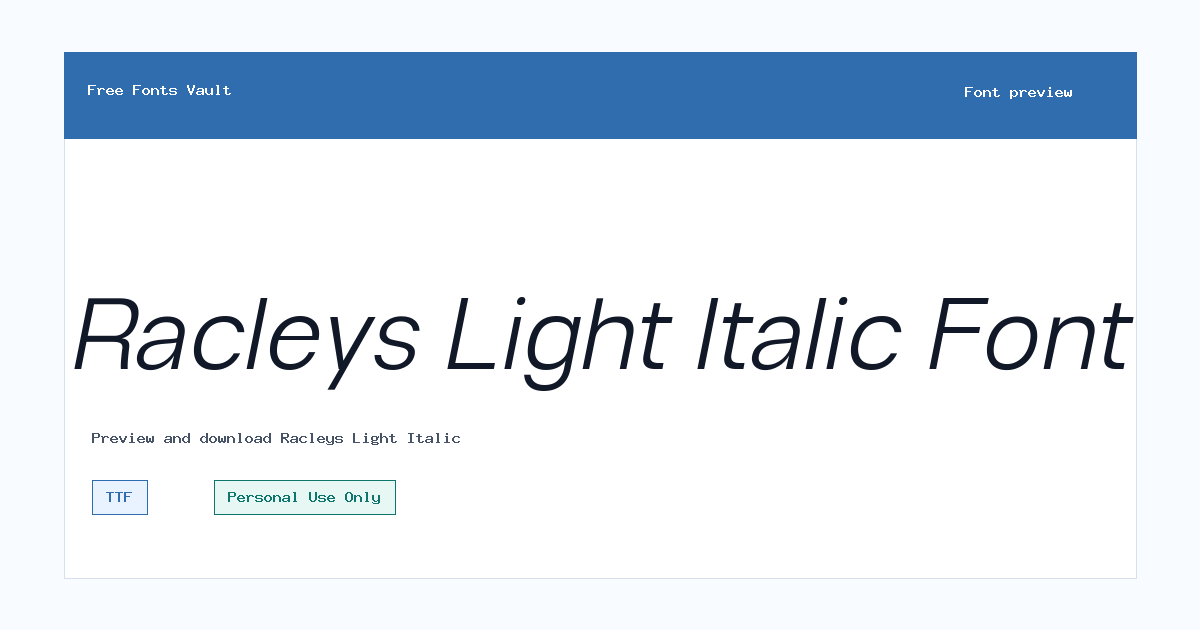 Racleys Light Italic font preview showing the family name