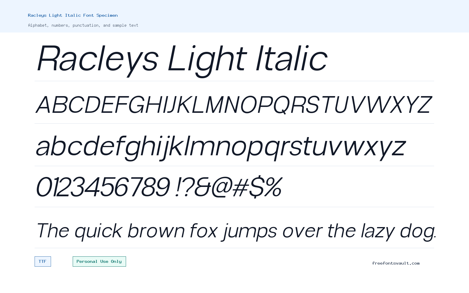 Racleys Light Italic font specimen showing alphabet, numbers, and sample text