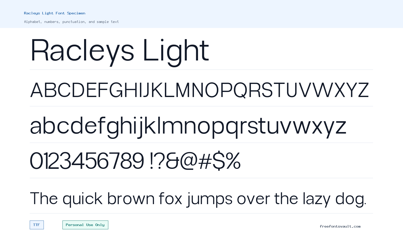 Racleys Light font specimen showing alphabet, numbers, and sample text