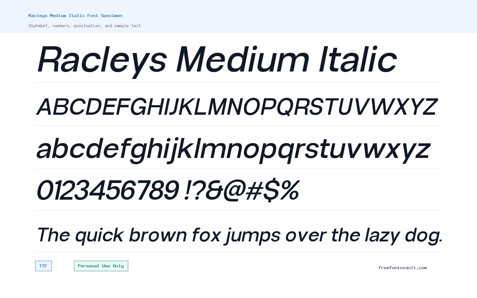 Racleys Medium Italic font specimen showing alphabet, numbers, and sample text