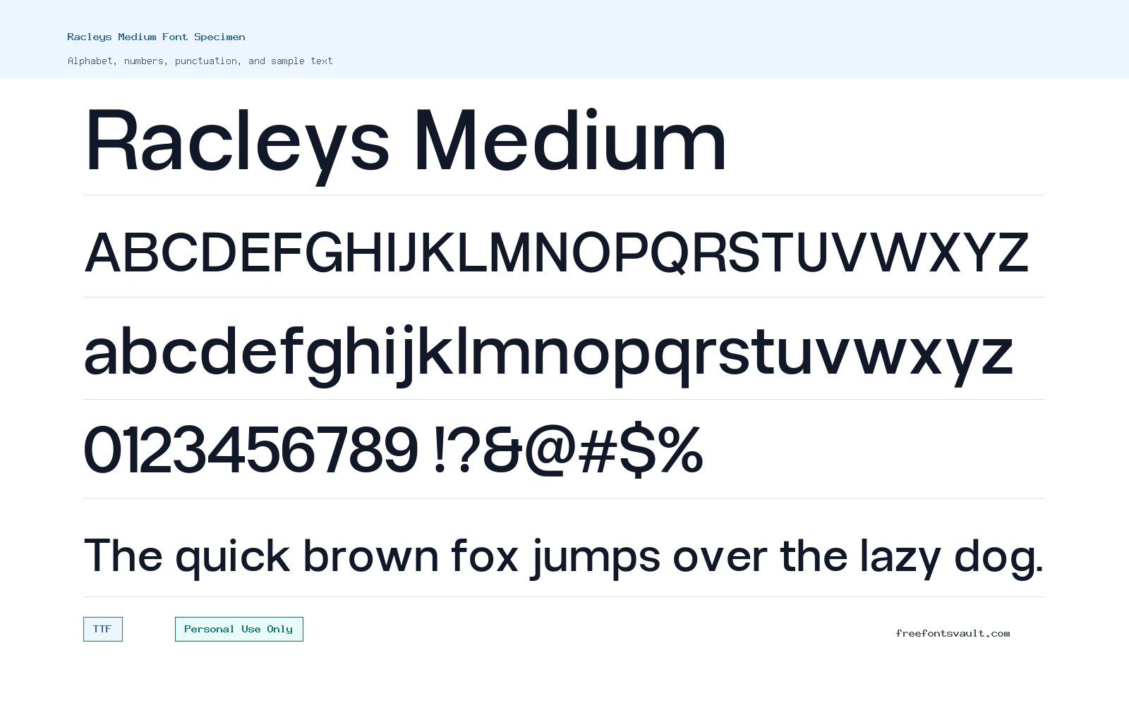 Racleys Medium font specimen showing alphabet, numbers, and sample text