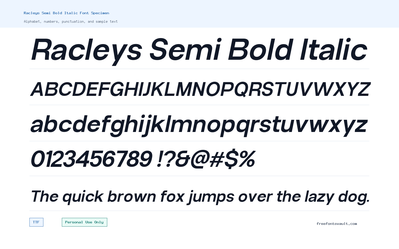 Racleys Semi Bold Italic font specimen showing alphabet, numbers, and sample text