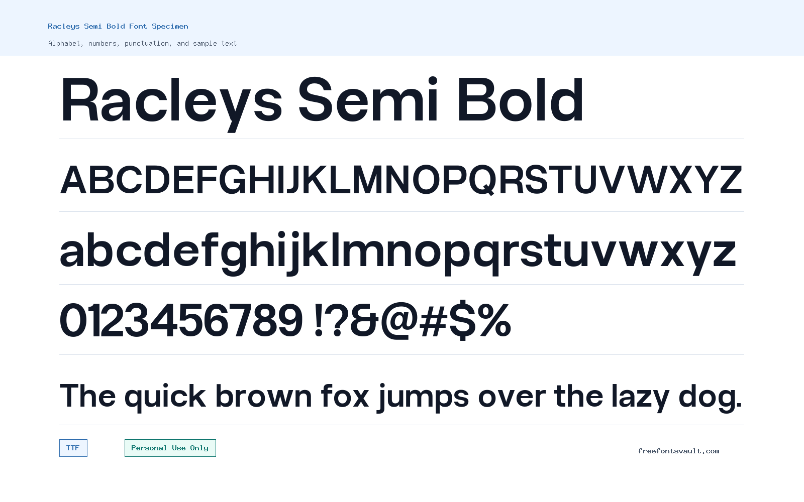 Racleys Semi Bold font specimen showing alphabet, numbers, and sample text