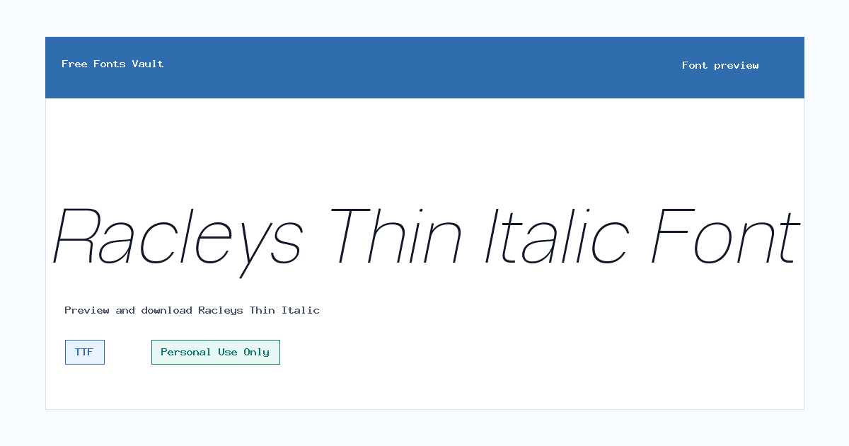 Racleys Thin Italic font preview showing the family name