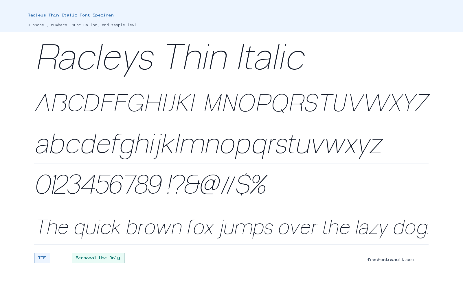 Racleys Thin Italic font specimen showing alphabet, numbers, and sample text