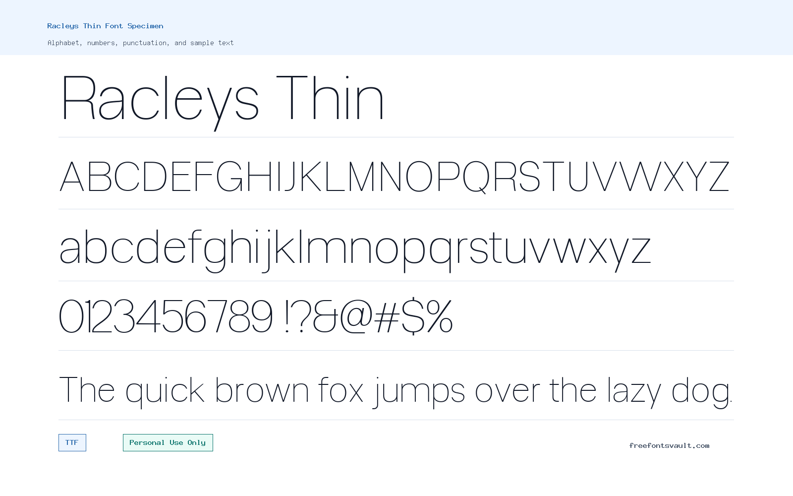 Racleys Thin font specimen showing alphabet, numbers, and sample text