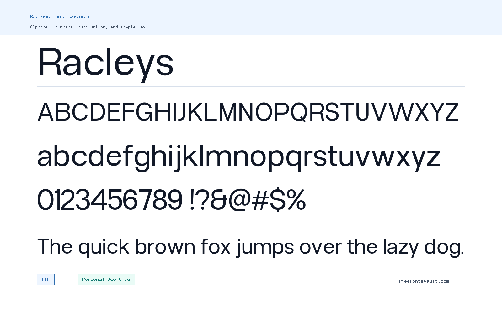 Racleys font specimen showing alphabet, numbers, and sample text